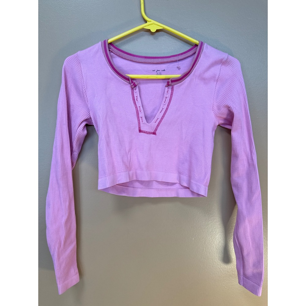 Out From Under Urban Outfitters Pink Ribbed Long Sleeve Notch Neck Crop Top ML